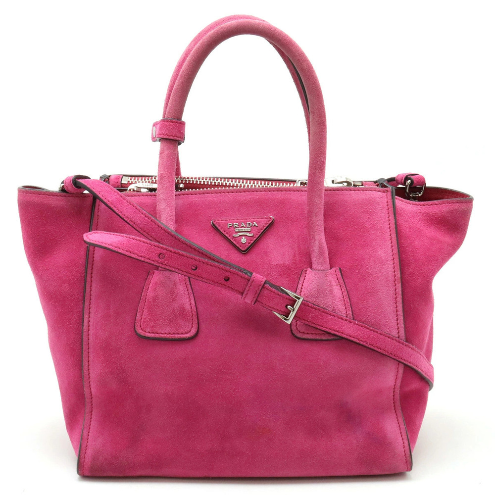 Prada Double Zip 2way Shoulder Bag Suede Leather FUXIA Pink
